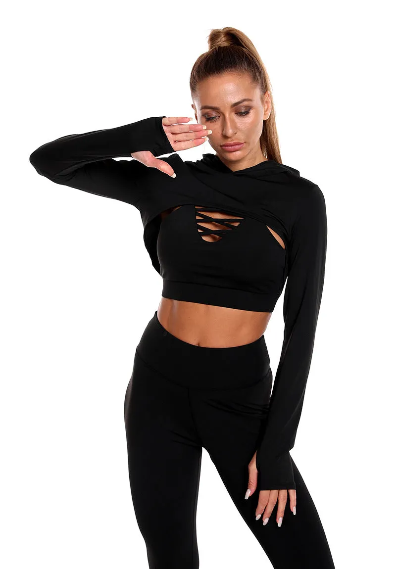 3pcs Sports Suits Long Sleeve Hooded Top Hollow, Butt Lifting High Waist Fitness Outfits