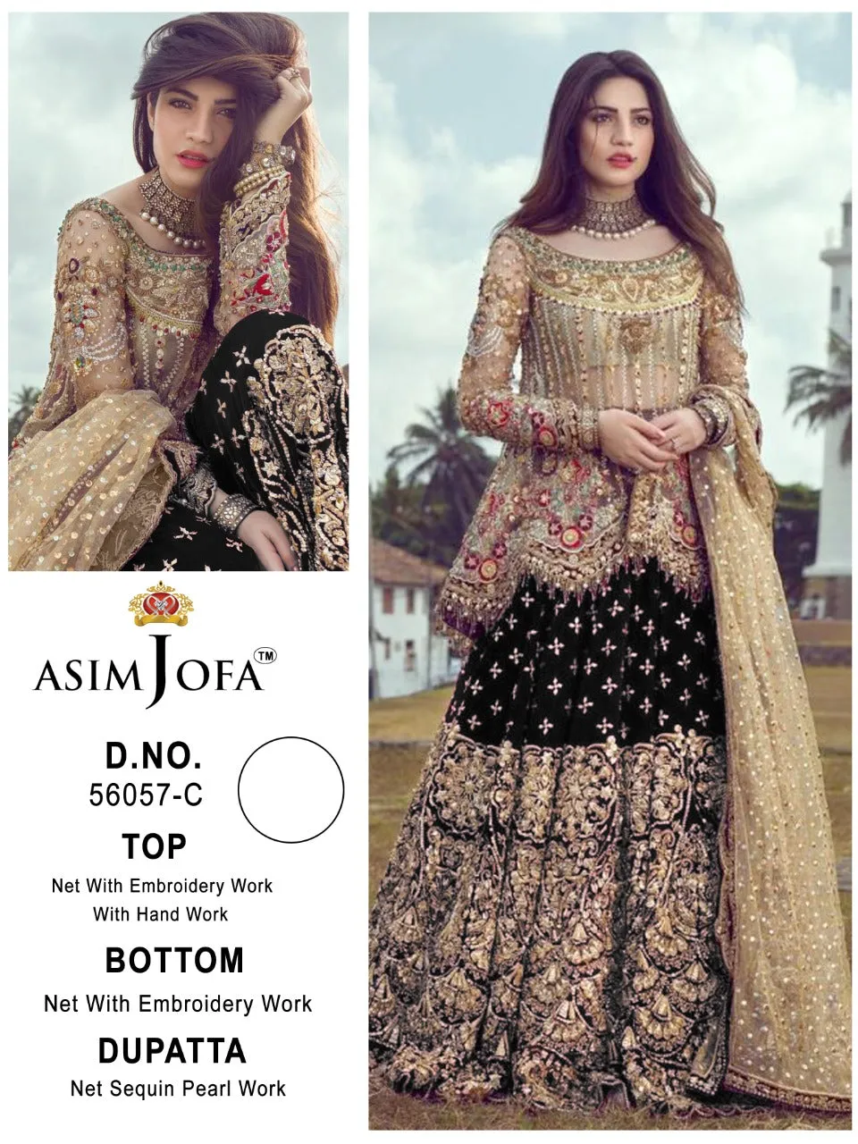 ASIM JOFA D NO 56057 A B C D BUTTERFLY NET WITH HEAVY EMBROIDERY SUIT