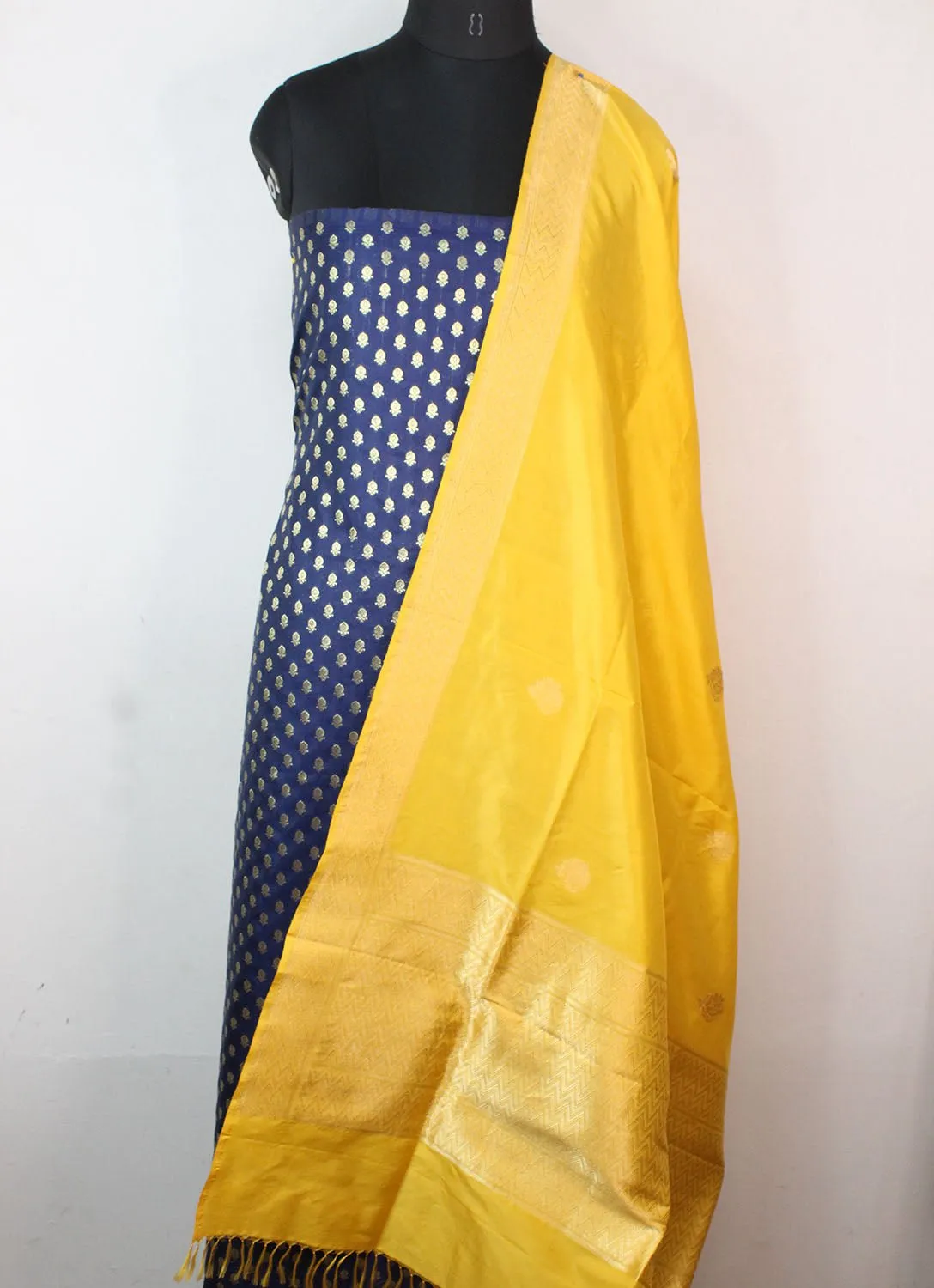 Blue Banarasi Silk Suit With Yellow Handloom Banarasi Pure Katan Silk Dupatta