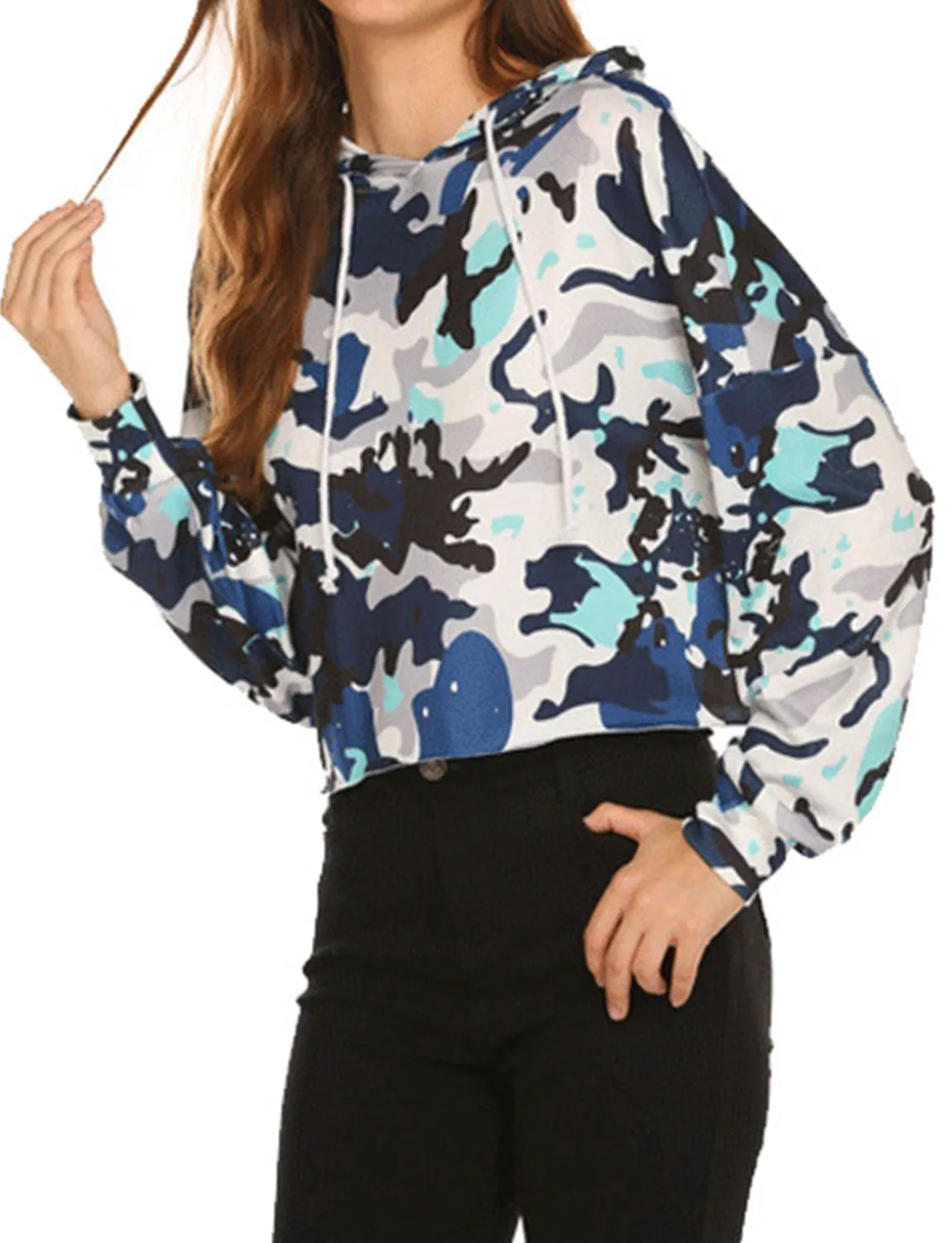 Camouflage Drawstring Button Down Long Sleeve Hoodies Sweatshirt