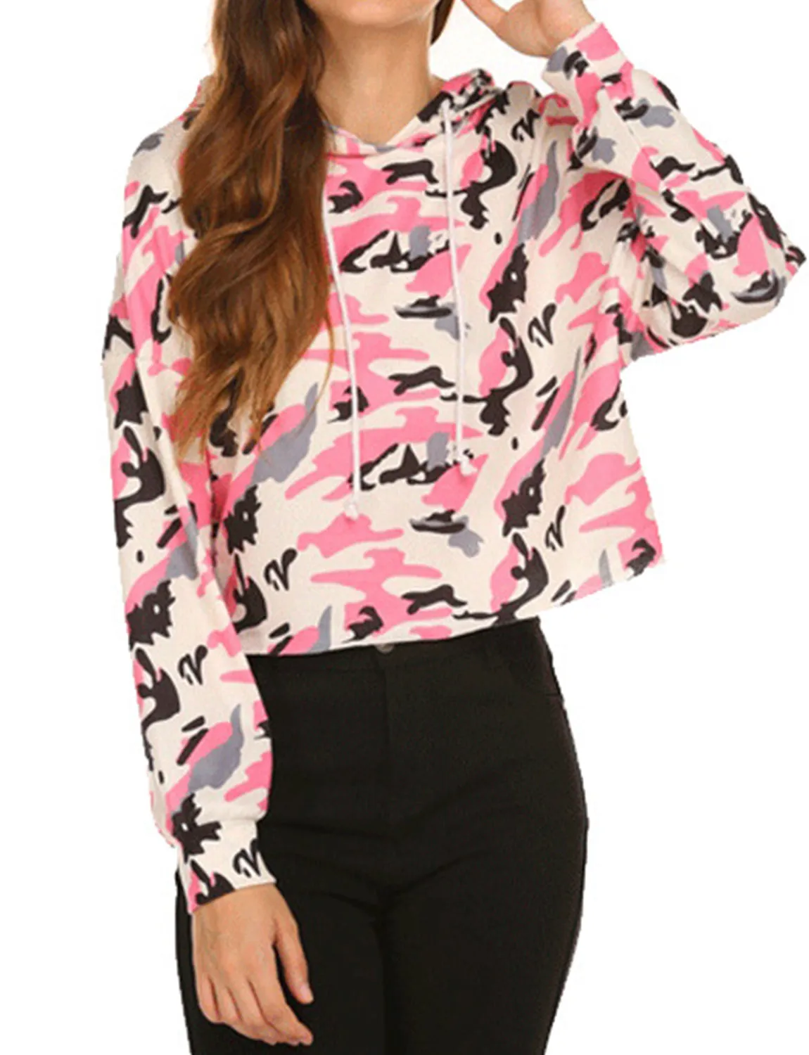 Camouflage Drawstring Button Down Long Sleeve Hoodies Sweatshirt