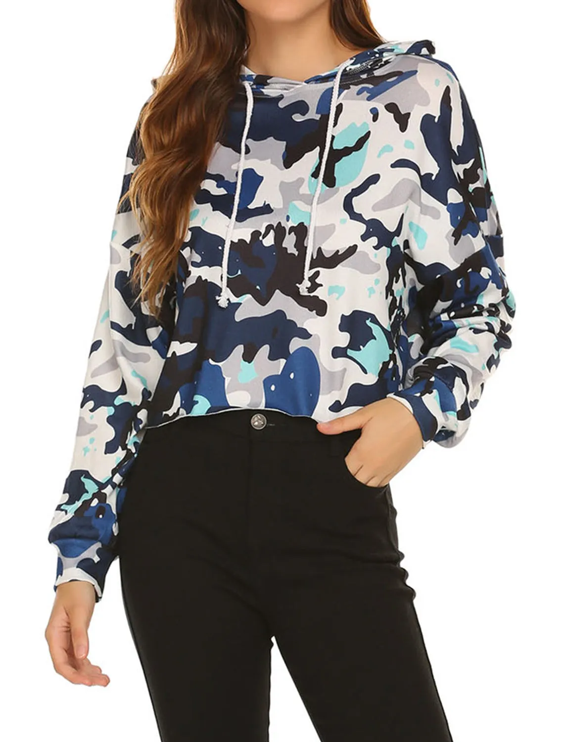 Camouflage Drawstring Button Down Long Sleeve Hoodies Sweatshirt