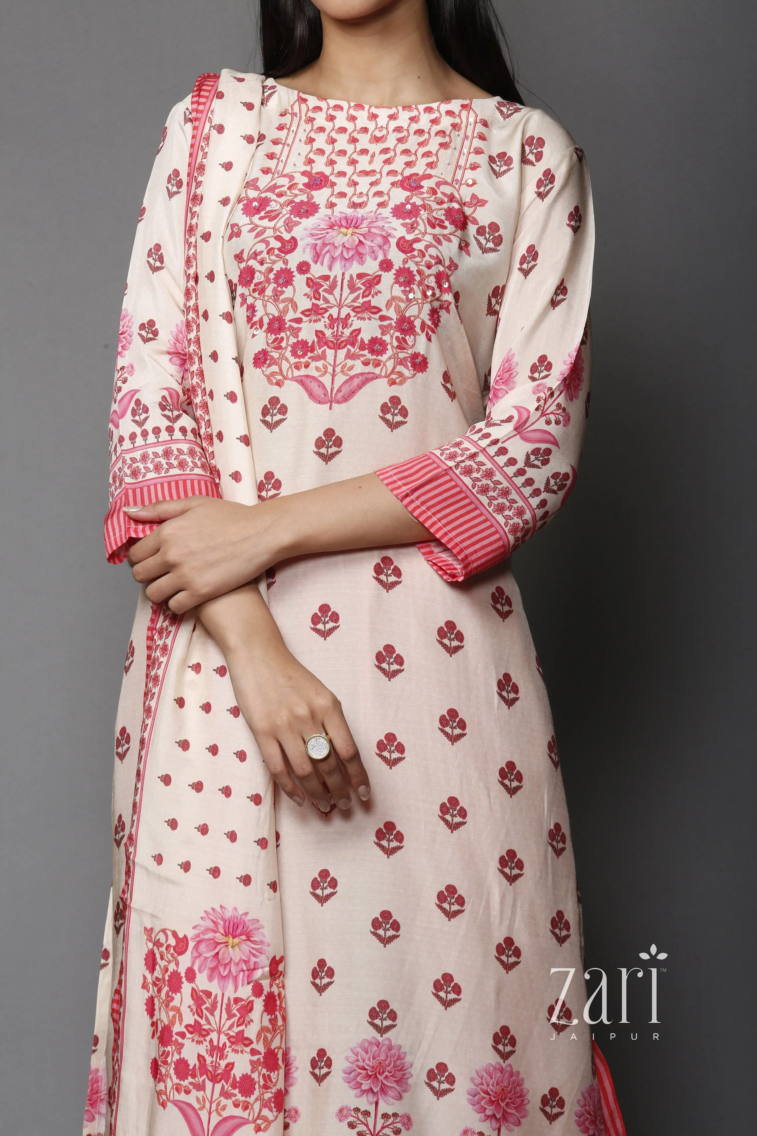 Digital Print Muslin silk Suit with Pearl, Printed, Sequins work.
