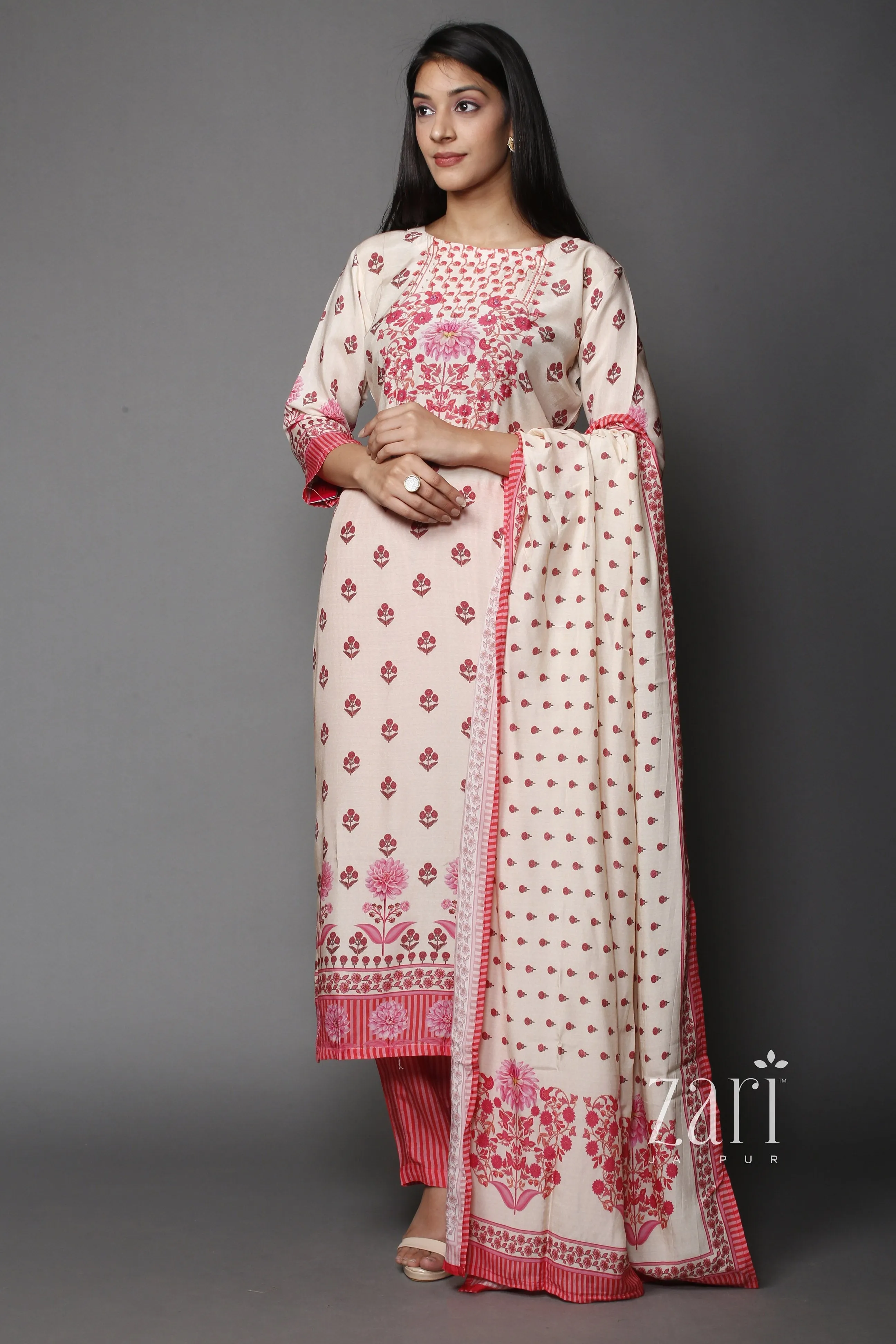 Digital Print Muslin silk Suit with Pearl, Printed, Sequins work.
