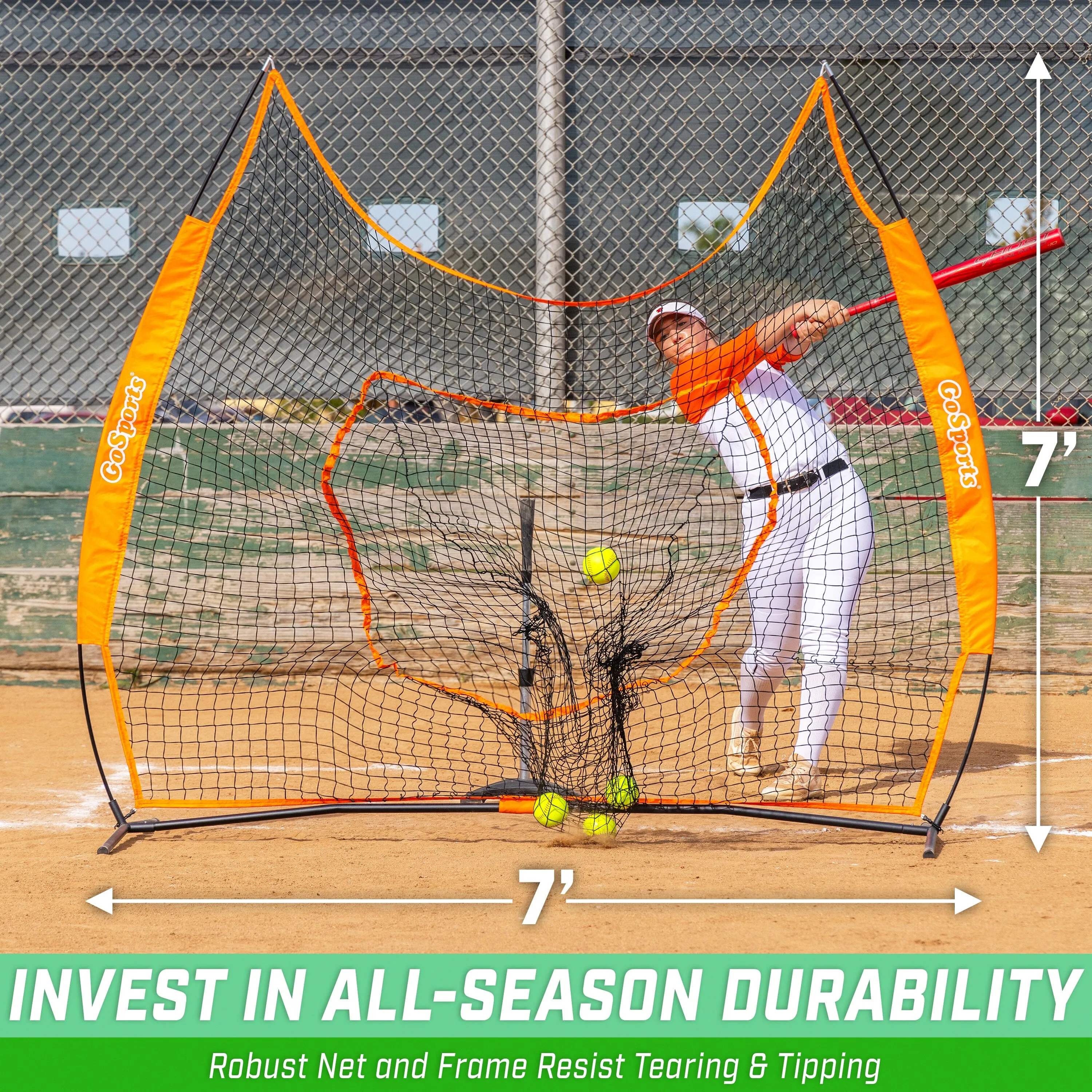GoSports Team Tone 7 ft x 7 ft Baseball & Softball Practice Hitting & Pitching Net in Team Colors - Orange