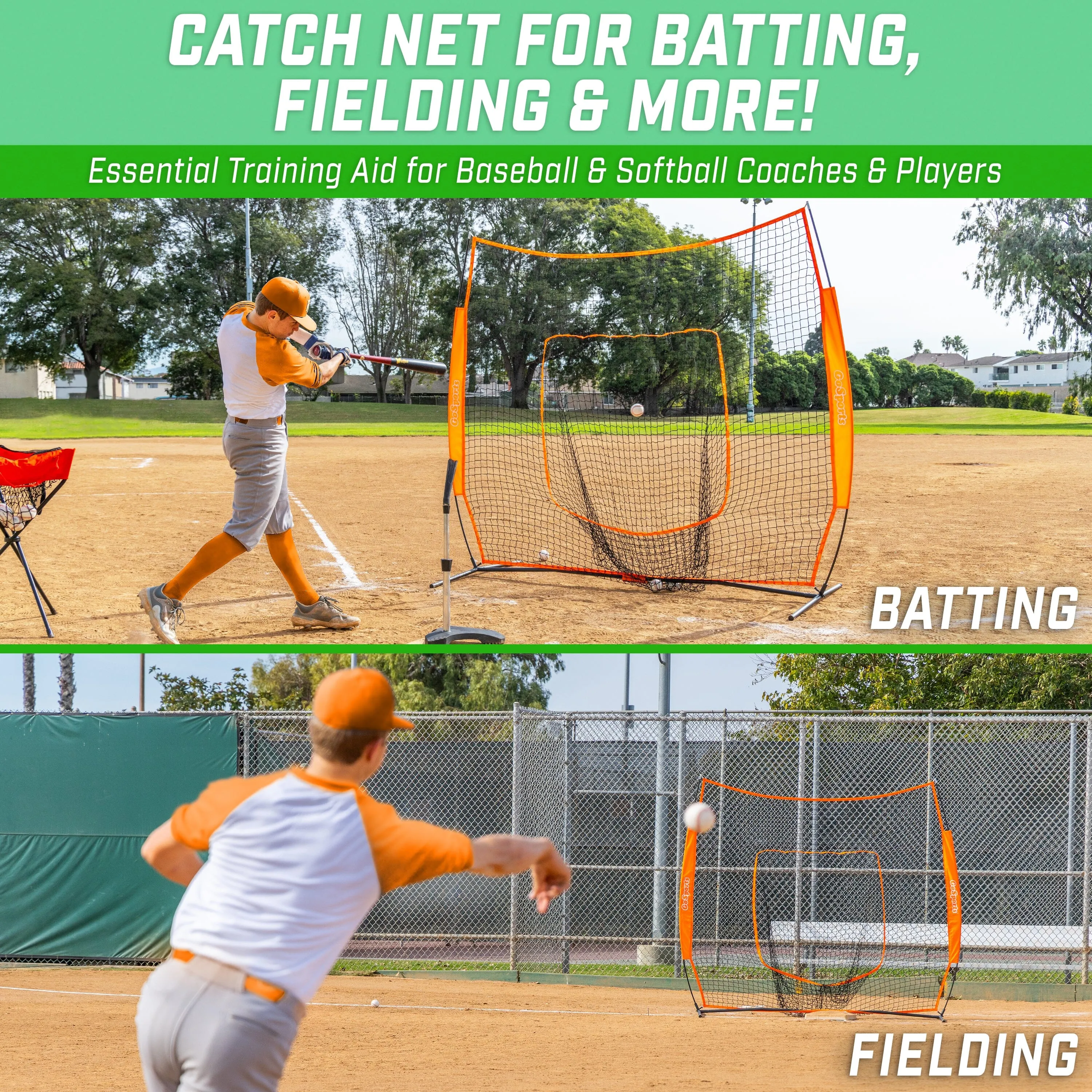 GoSports Team Tone 7 ft x 7 ft Baseball & Softball Practice Hitting & Pitching Net in Team Colors - Orange