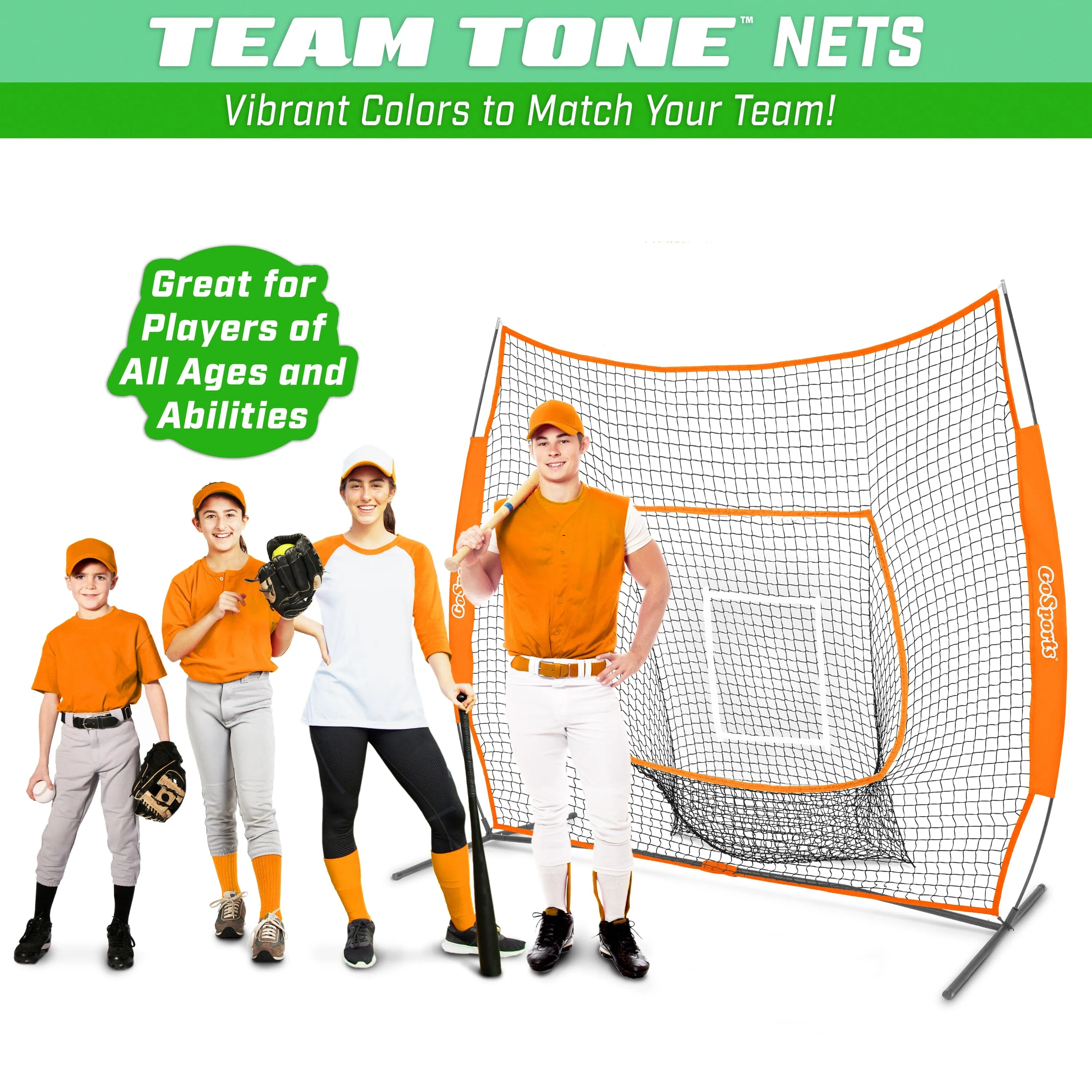 GoSports Team Tone 7 ft x 7 ft Baseball & Softball Practice Hitting & Pitching Net in Team Colors - Orange