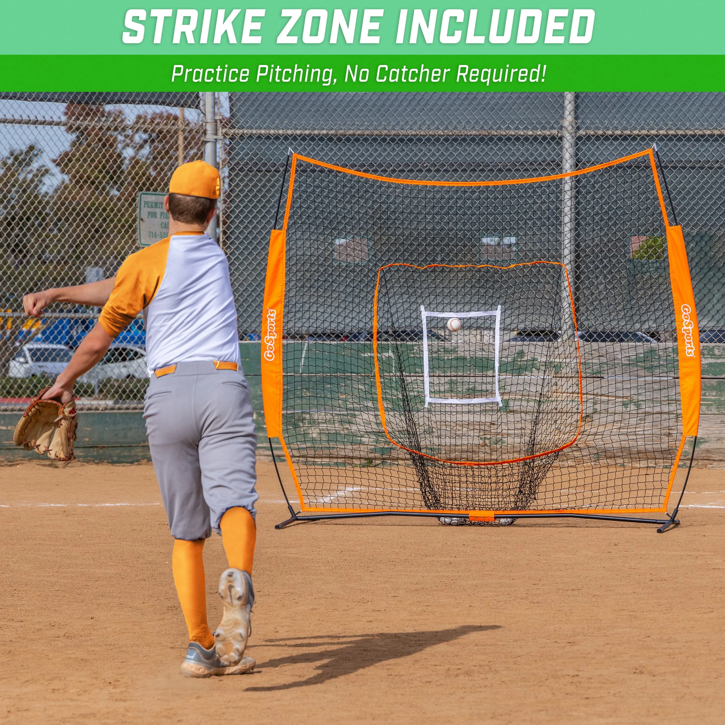 GoSports Team Tone 7 ft x 7 ft Baseball & Softball Practice Hitting & Pitching Net in Team Colors - Orange