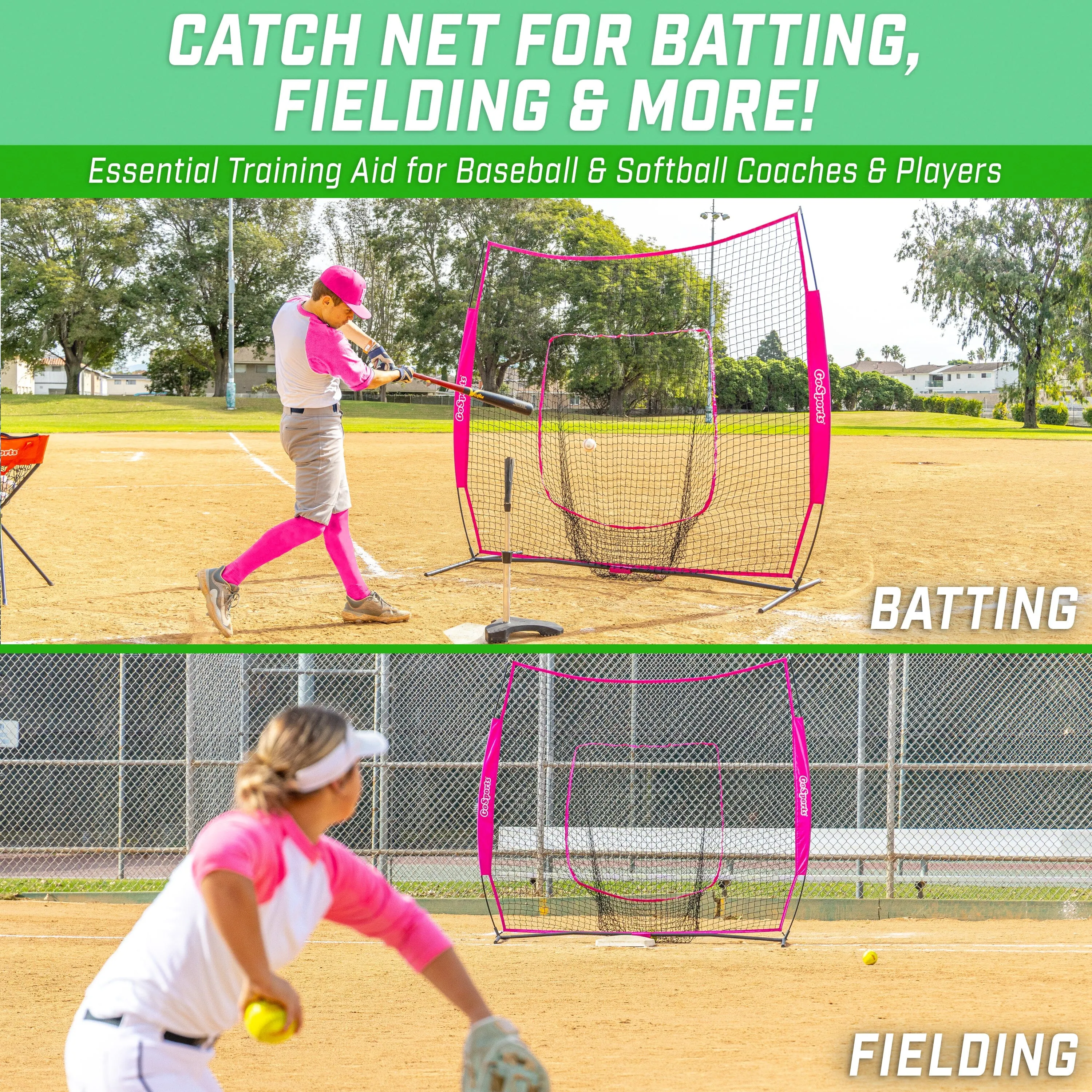 GoSports Team Tone 7 ft x 7 ft Baseball & Softball Practice Hitting & Pitching Net in Team Colors - Pink