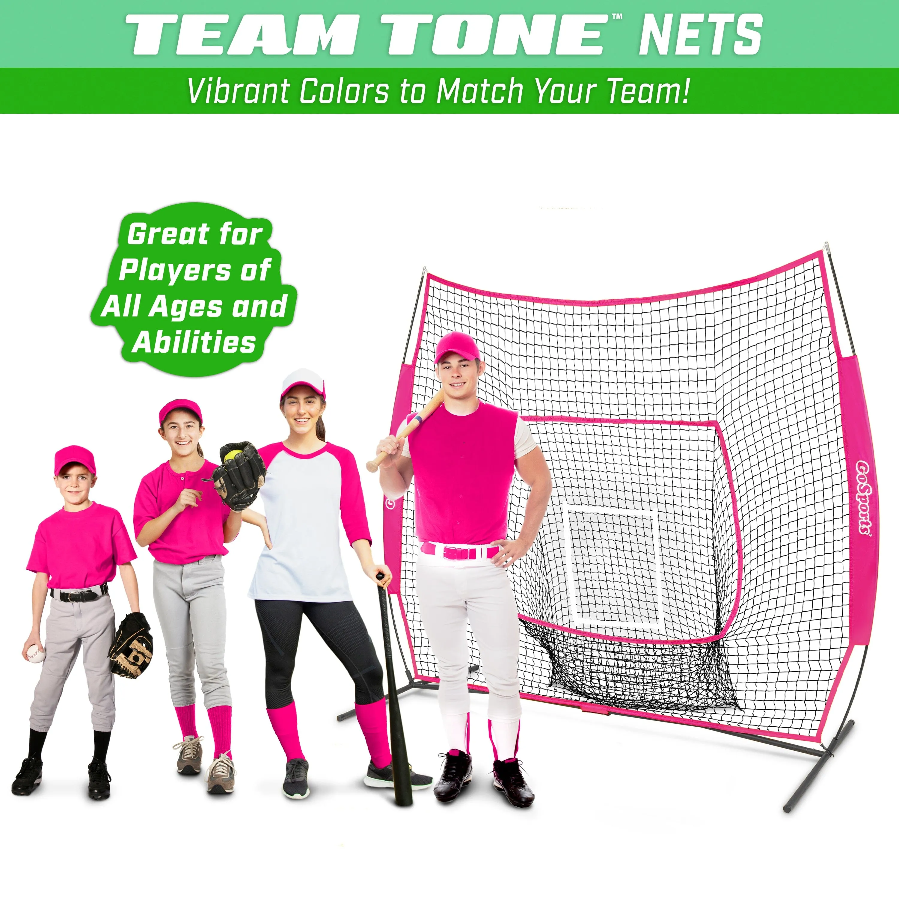 GoSports Team Tone 7 ft x 7 ft Baseball & Softball Practice Hitting & Pitching Net in Team Colors - Pink