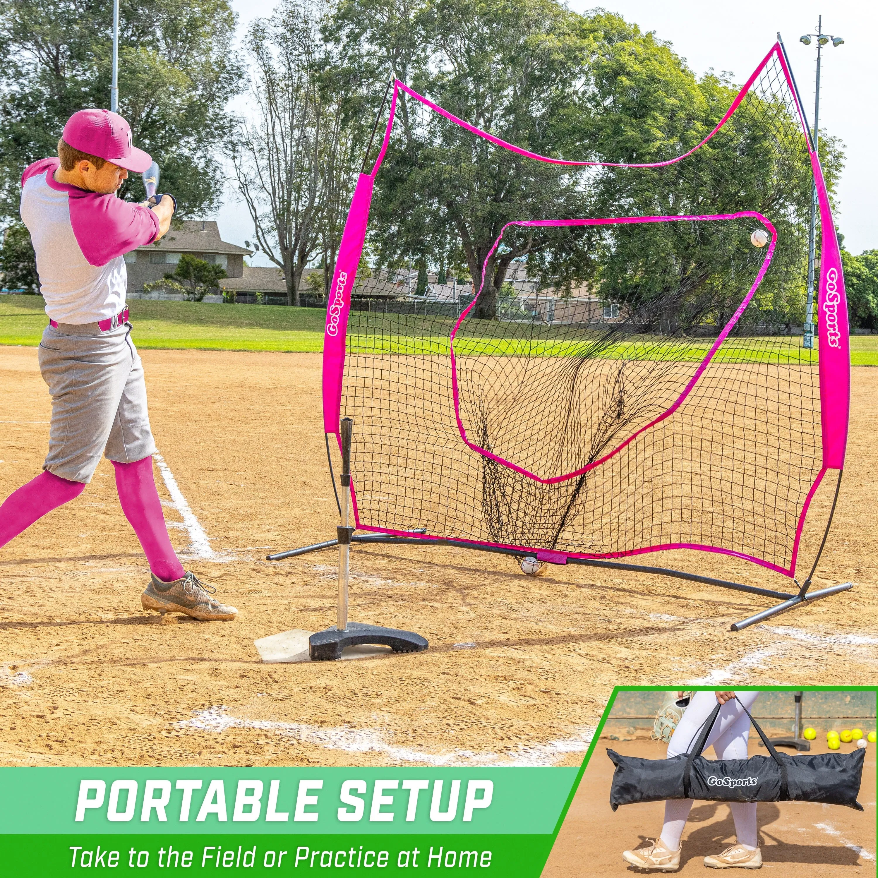 GoSports Team Tone 7 ft x 7 ft Baseball & Softball Practice Hitting & Pitching Net in Team Colors - Pink