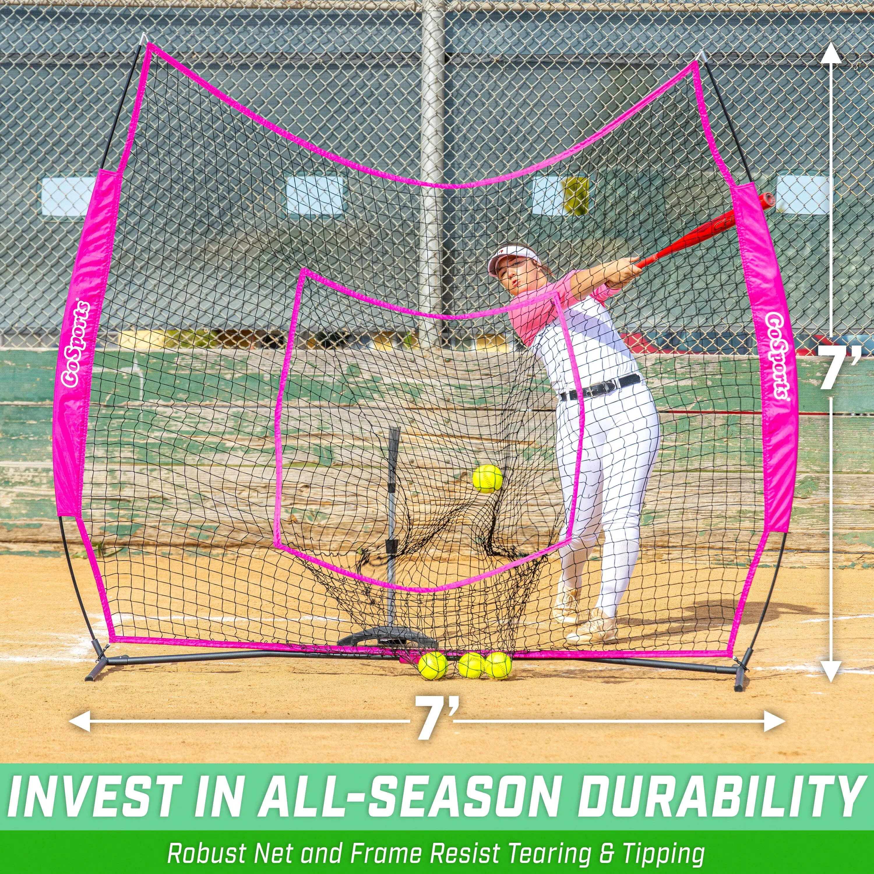 GoSports Team Tone 7 ft x 7 ft Baseball & Softball Practice Hitting & Pitching Net in Team Colors - Pink