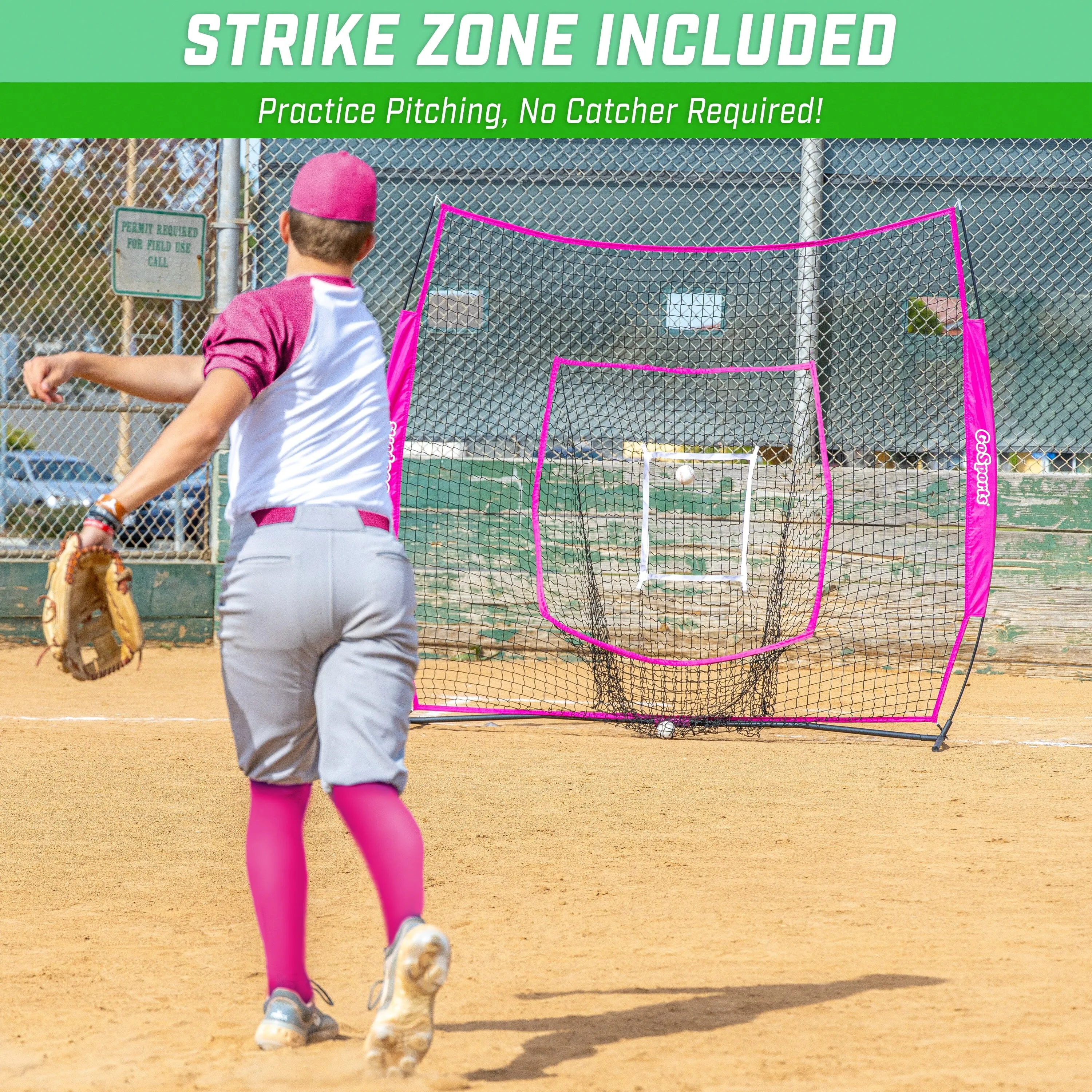 GoSports Team Tone 7 ft x 7 ft Baseball & Softball Practice Hitting & Pitching Net in Team Colors - Pink