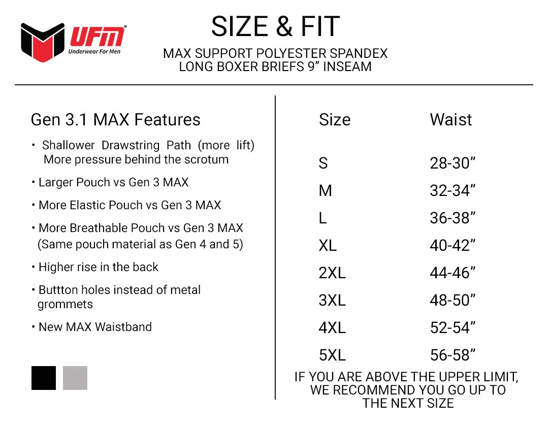 MAX Support 9 Inch Boxer Briefs Polyester Gen 3.1 Black and Gray